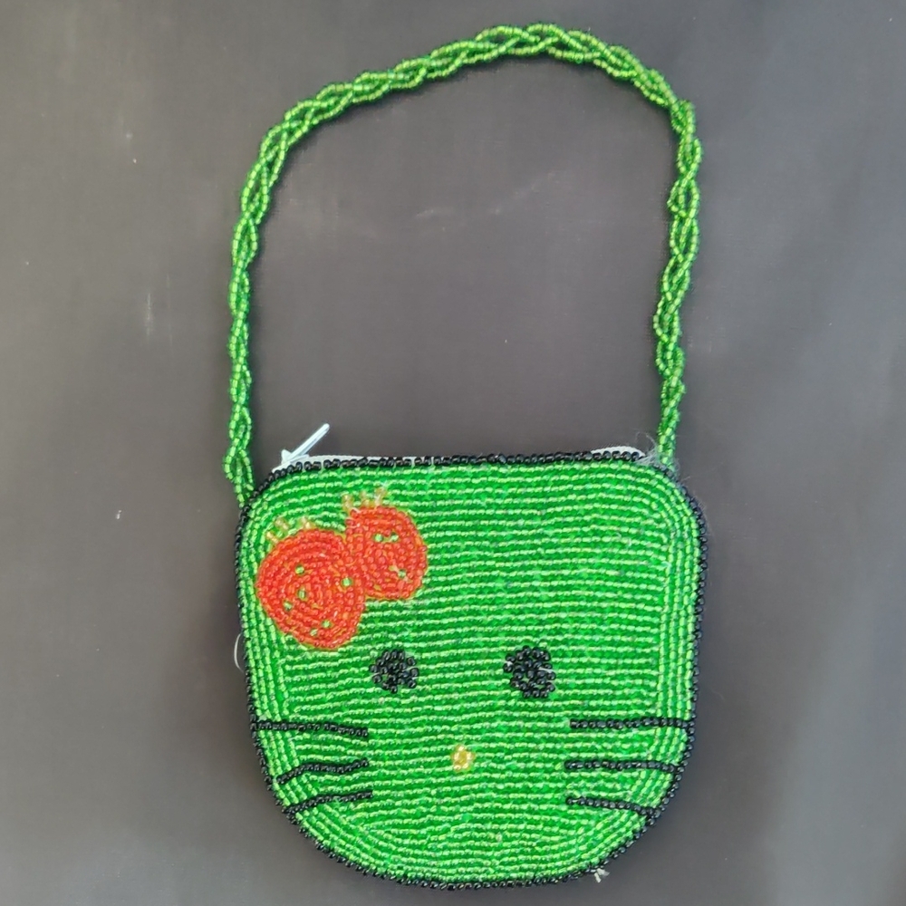 Michael Michelle Playful Green Beaded Cat Purse